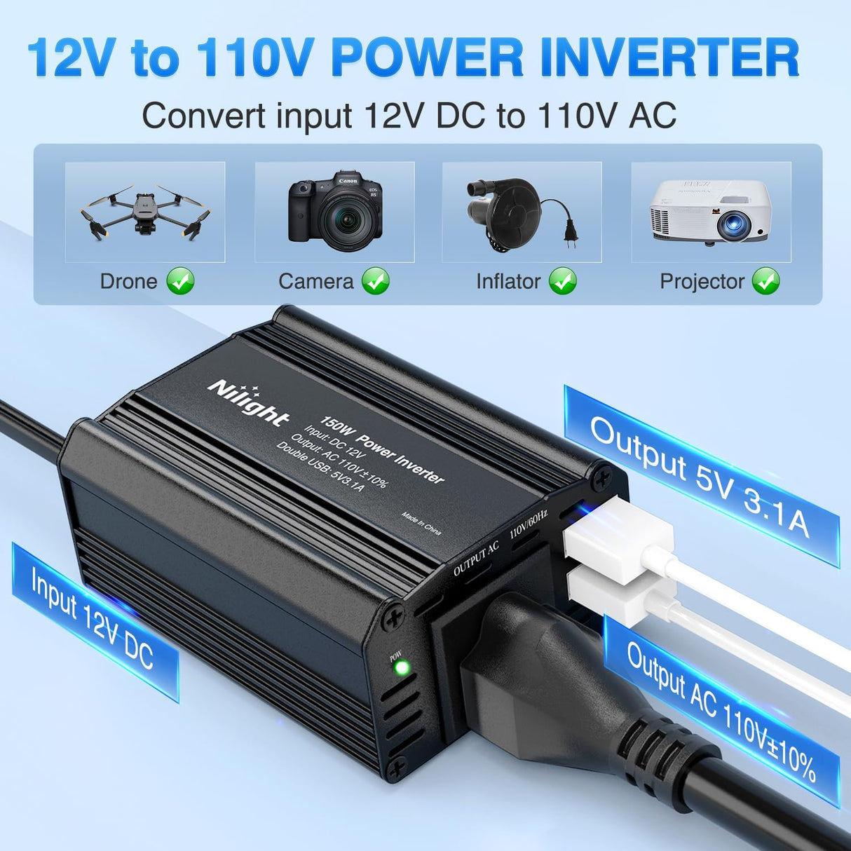 150W Power Inverter 12V DC to 110V AC Car Charger Converter with 3.1A Dual USB Ports and 1 AC Outlets for Phones Tablets Laptop Computer Game Console Kindle iPad DVD Players Black