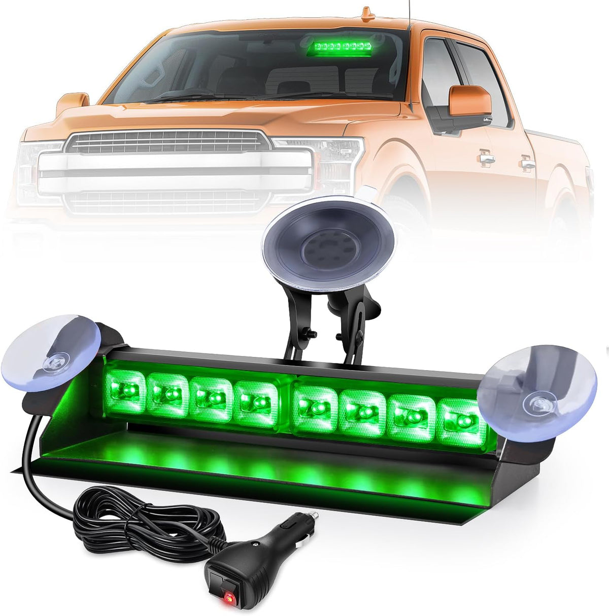 8LED Green Traffic Advisor Strobe Light Bar Hazard Safety | with Vacuum Suction Emergency Dash Warning Flashing Lights Front/Rear Windshield Visor for Truck Police Construction Vehicles