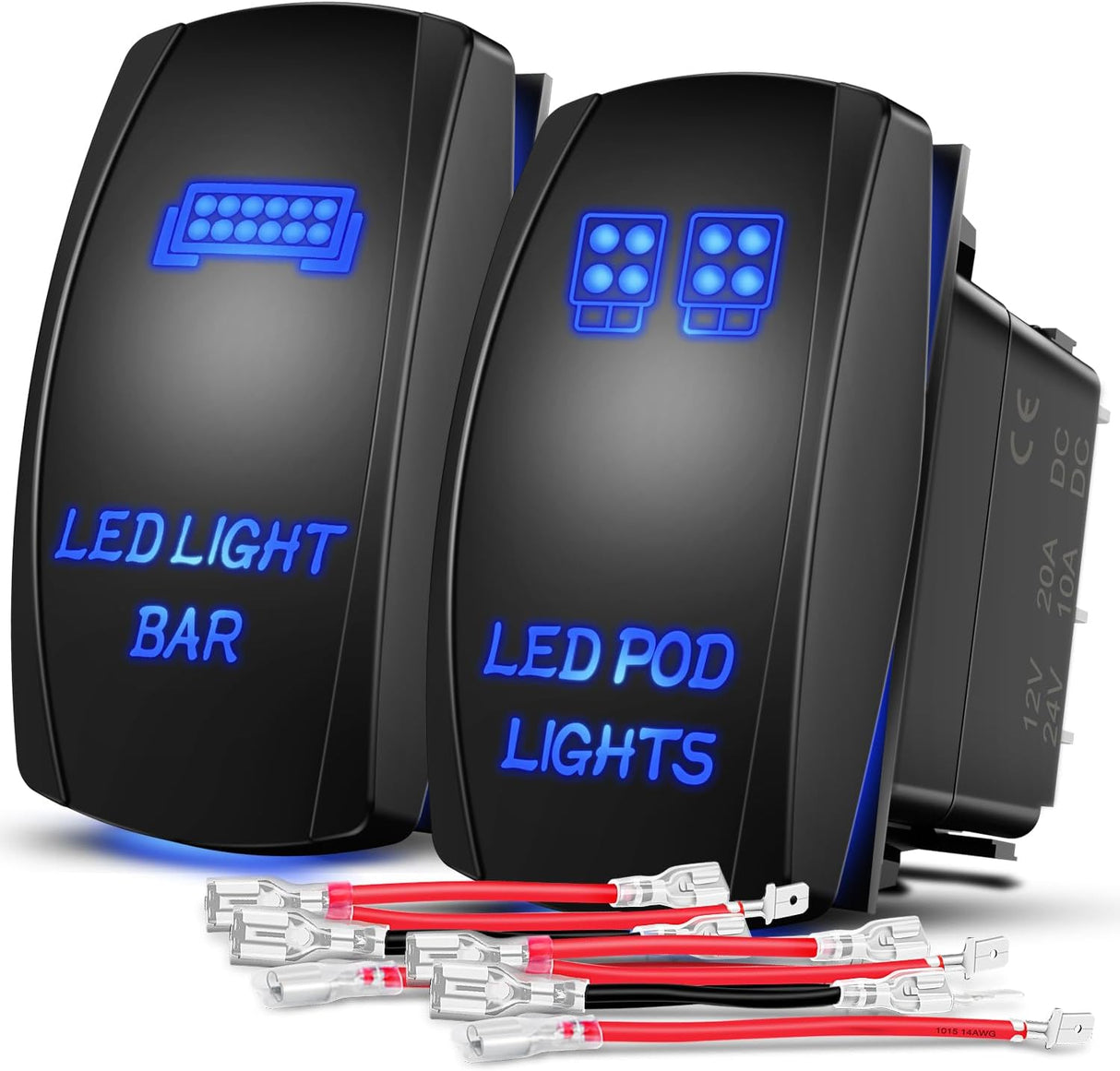 2 Pack Led Pod Lights Rocker Switch Light Bar 5 Pin Laser On Off SPST Switches 20A/12V 10A/24V Blue with Jumper Wires Set for Cars Trucks RVs