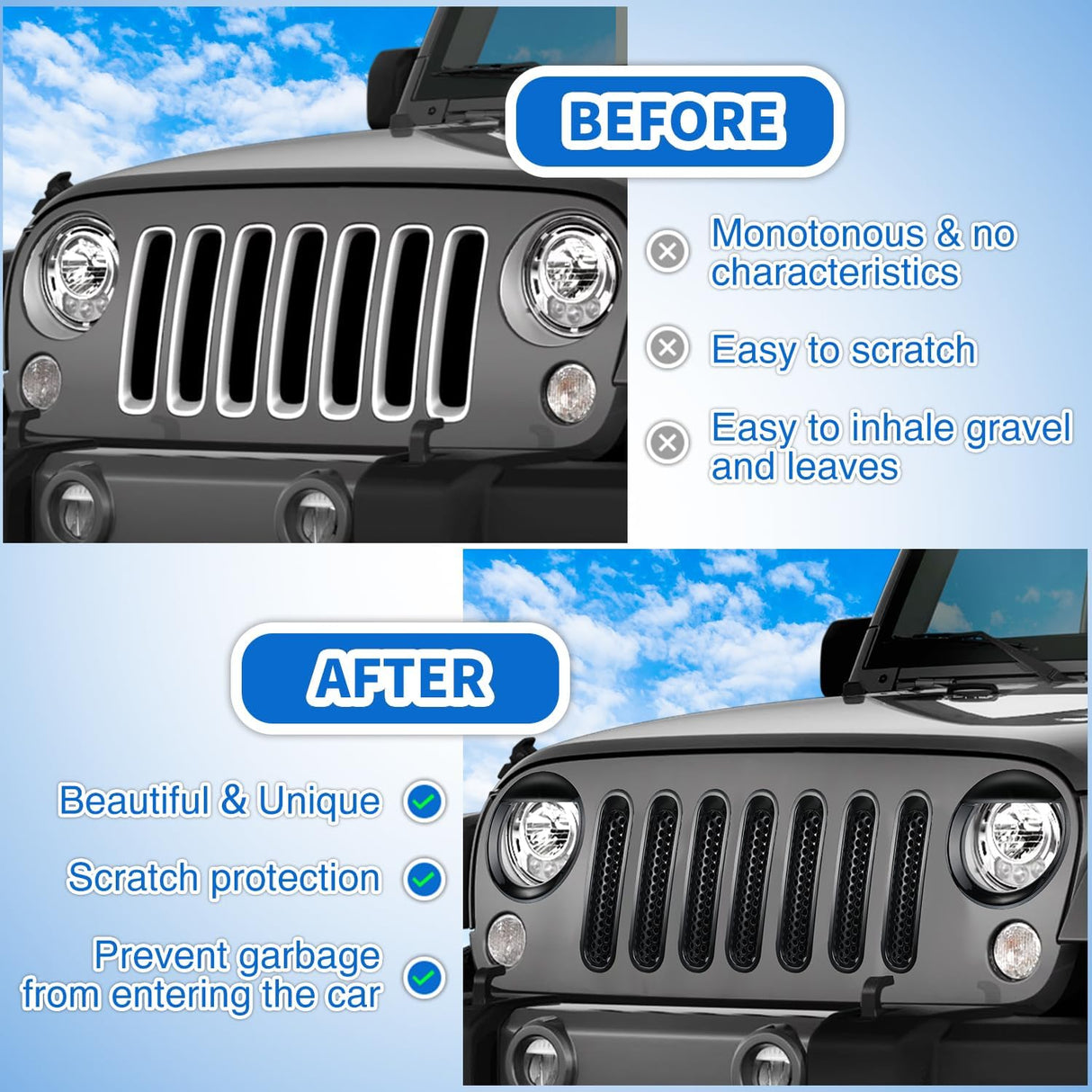 Grill Inserts fit for Jeep Wrangler Front Grille Mesh Inserts & Headlight Cover Set for JK JKU Unlimited Sports Sahara Freedom Rubicon 2007-2018 Clip-in Trim Exterior Accessories Black 9 Pcs