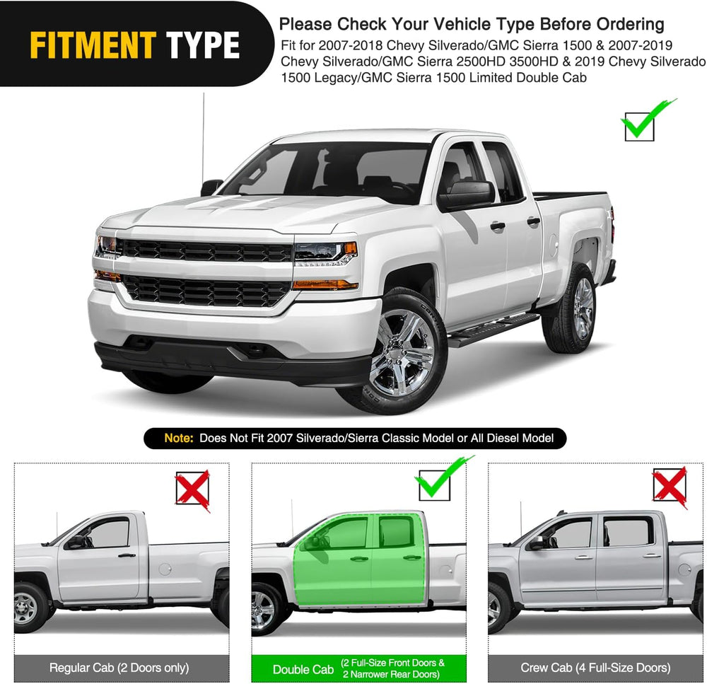 2007-2018 Chevy Silverado/GMC Sierra 1500 Double Extended Cab 2007-2019 Chevy Silverado/GMC Sierra 2500HD 3500HD 6 Inch Aluminum Side Step Nerf Bars Running Boards Nilight