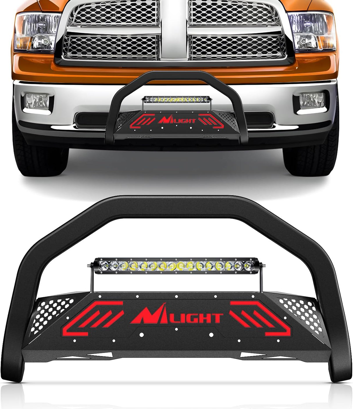 Bull Bar with Light Bar&License Plate Hole for 2009-2018 Dodge Ram 1500&2019-2024 RAM 1500 Classic (Exl Rebel Sport) Truck Brush Guard Front Bumper Push Bar w/Grille Skid Plate Light Mount