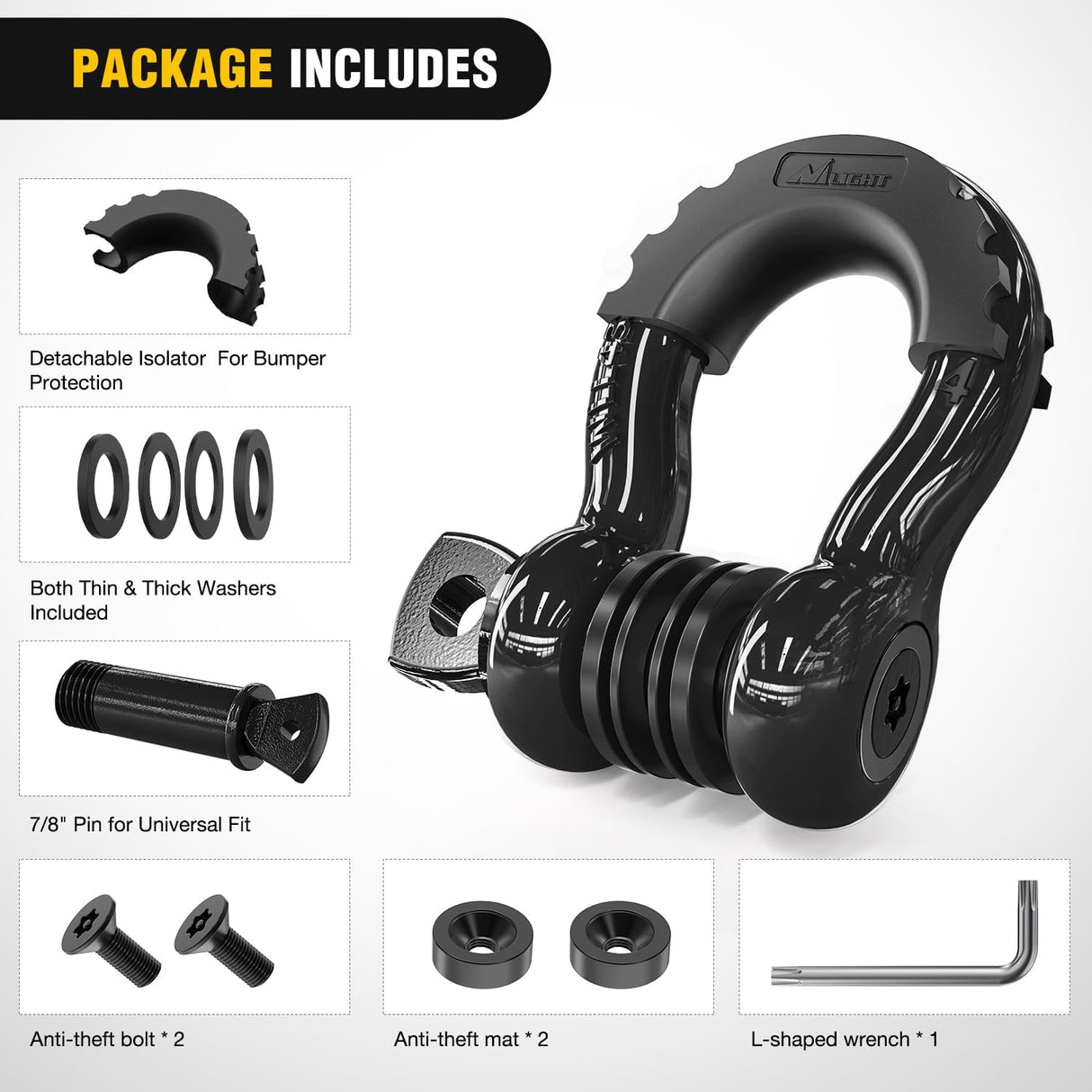3/4 Inch D Ring Anti-Theft Shackle Tow Hook Jeep Truck SUV ATV UTV | Off Road Recovery Gear 19T 41,887 lbs Break Strength 4.75T WLL Rust-Resistant Anti-Rattle Isolators Heavy Duty Black 2pack