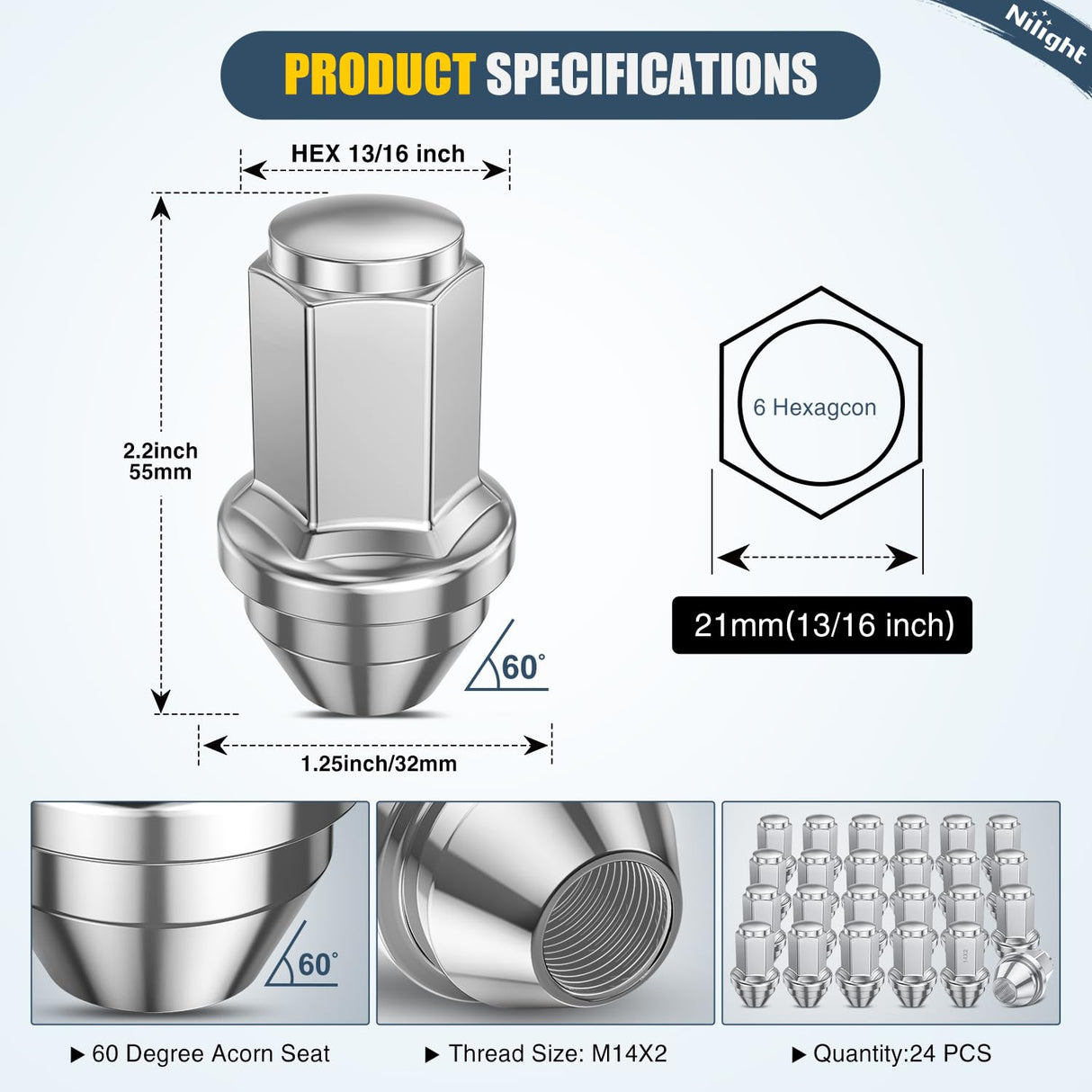 24PCS M14x2 Lug Nuts Compatible with 2004-2014 Ford F-150 | for 2000-2014 Expedition/Lincoln Navigator 2006-2008 Mark LT One-Piece Solid Chrome Steel OEM Factory Wheel Nuts Replace