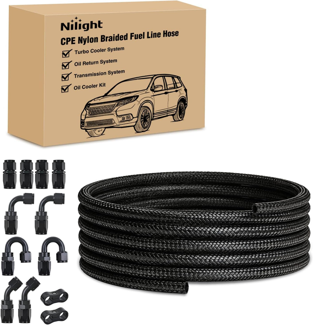 4AN 15FT CPE Fuel Hose Kit with 12PCS AN4 Fittings&Hose Separators | CPE Nylon Stainless Steel Braided Oil Gas Diesel Fuel Hose End Fitting Kit for Transmission Oil Cooler Vacuum Lines