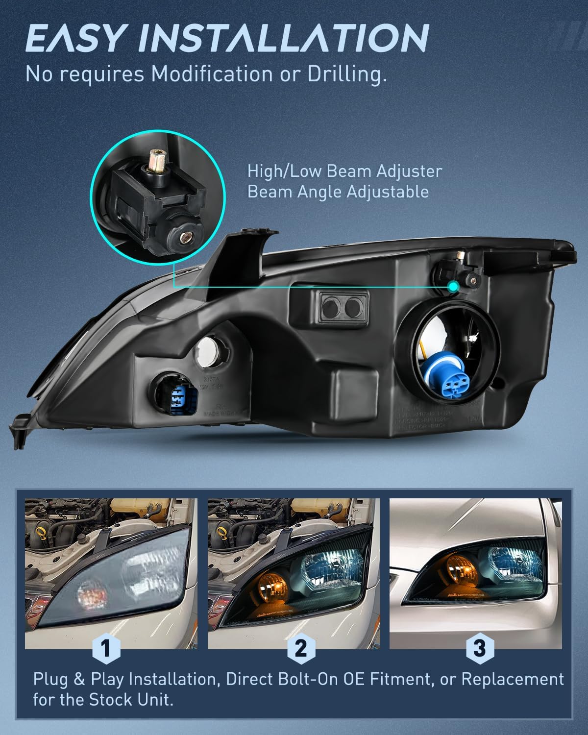 2005-2007 Ford Focus Headlight Assembly Black Housing Clear Reflector Clear Lens Nilight