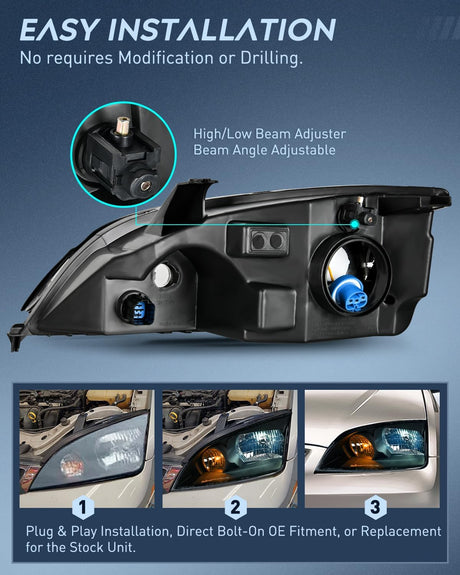 2005-2007 Ford Focus Headlight Assembly Black Housing Clear Reflector Clear Lens Nilight