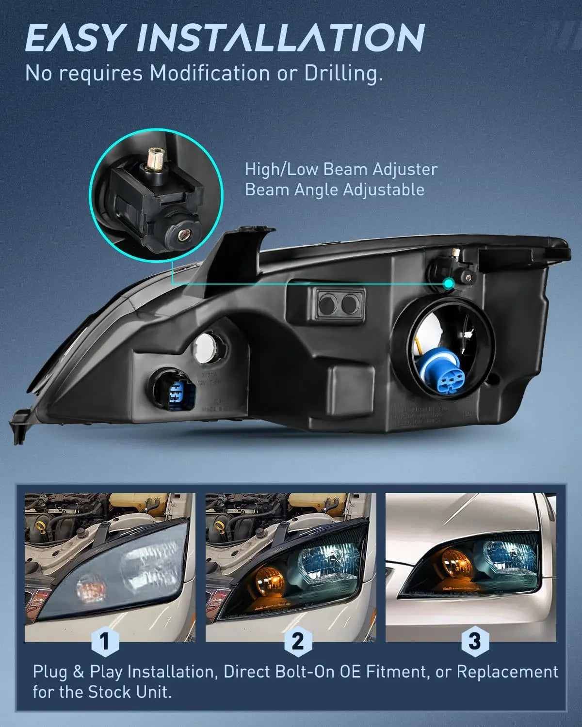 2005-2007 Ford Focus Headlight Assembly Black Housing Clear Reflector Clear Lens Nilight