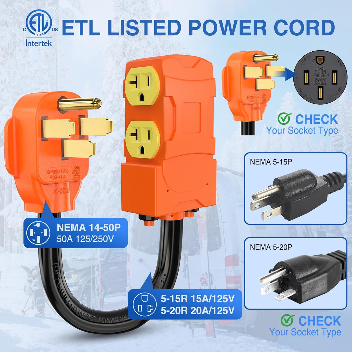 50 Amp to 20 Amp 110V RV Power Adapter Cord with Circuit Breaker NEMA 14-50P Male to 4X 5-15R/5-20R Female RV Distribution Adapter Plug ETL Listed 4 Household Outlets for RVs Camper Generator