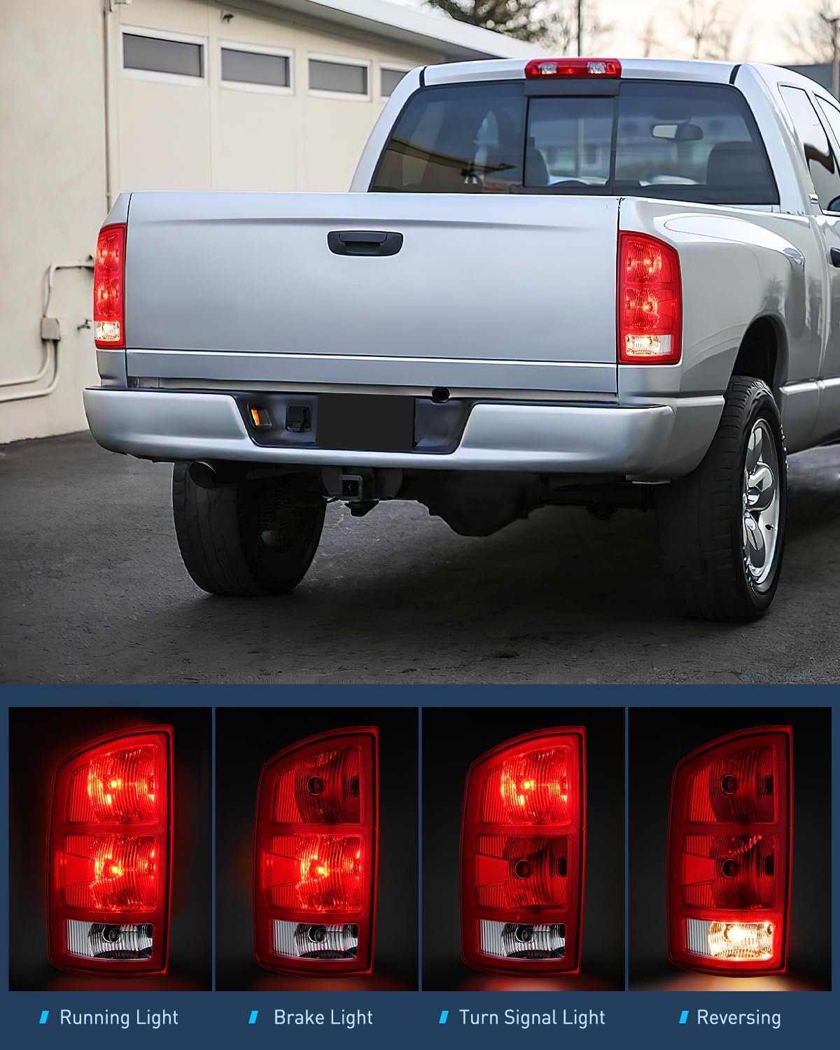Headlight and Taillight Assembly Combo Compatible with 2002 2003 2004 2005 Ram 1500 2500 3500 Chrome Housing Amber Reflectors Headlamp with Red Tail Light
