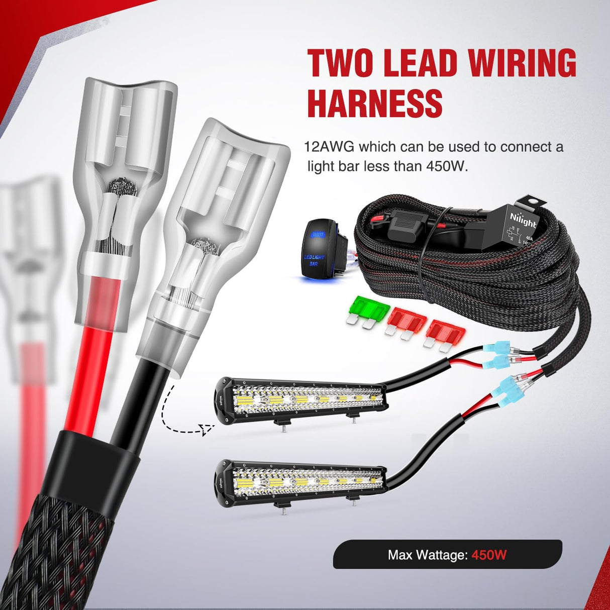 Wiring Harness Kit Nylon 12 AWG 2 Leads 12V 5Pin Rocker Switch Laser On Off Power Relay Blade Fuse for LED Light Bar Off Road Lights on Cars Jeep Boat Trucks