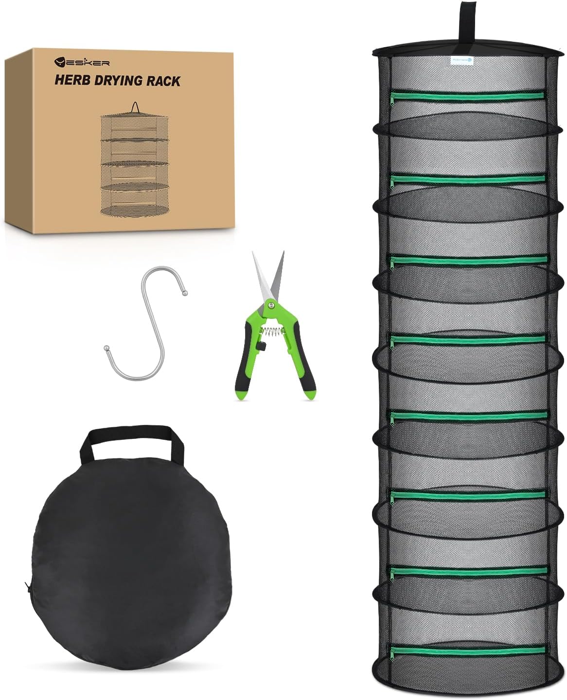 8 Layer Herb Drying Rack Hanging Mesh Net Foldable Plant Drying Racks 24 Inch w Green Zipper Pruning Shears Hook Dryer Hanging Rack for Herbs Seed Bud Fruit Clothes Grow Tent Closets Garden Outdoor