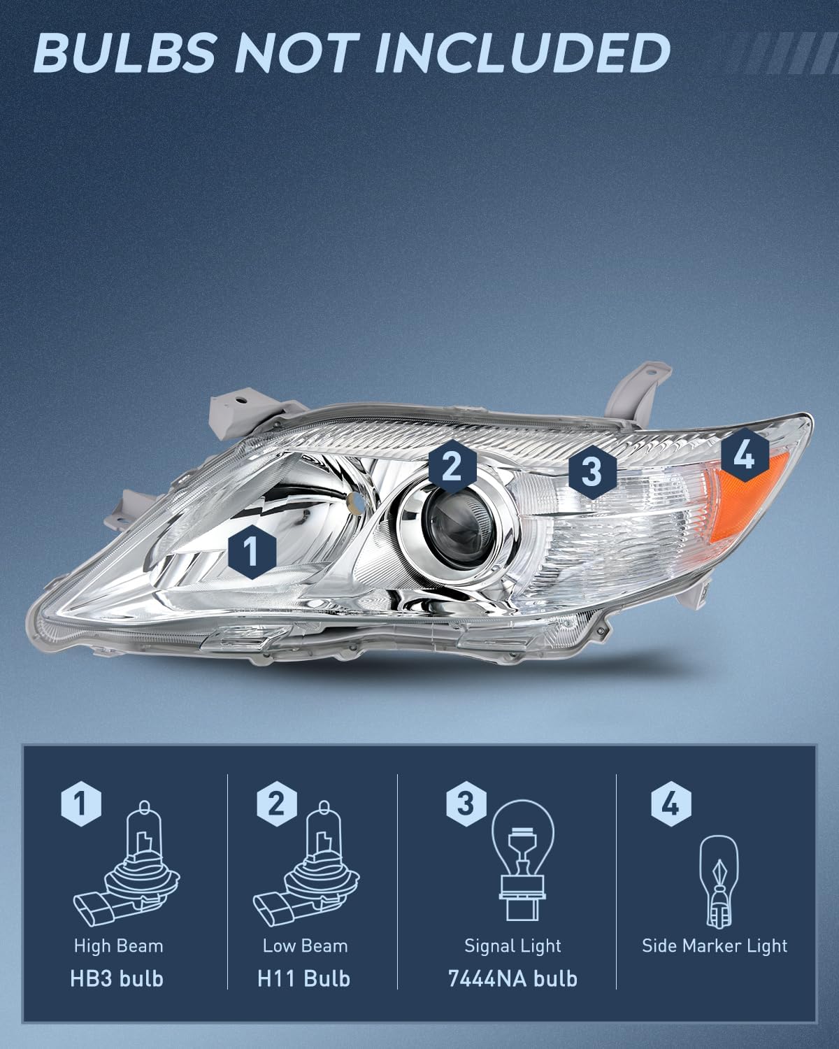 2010 2011 Toyota Camry Headlight Assembly Chrome Housing Amber Reflector Upgraded Clear Lens Nilight