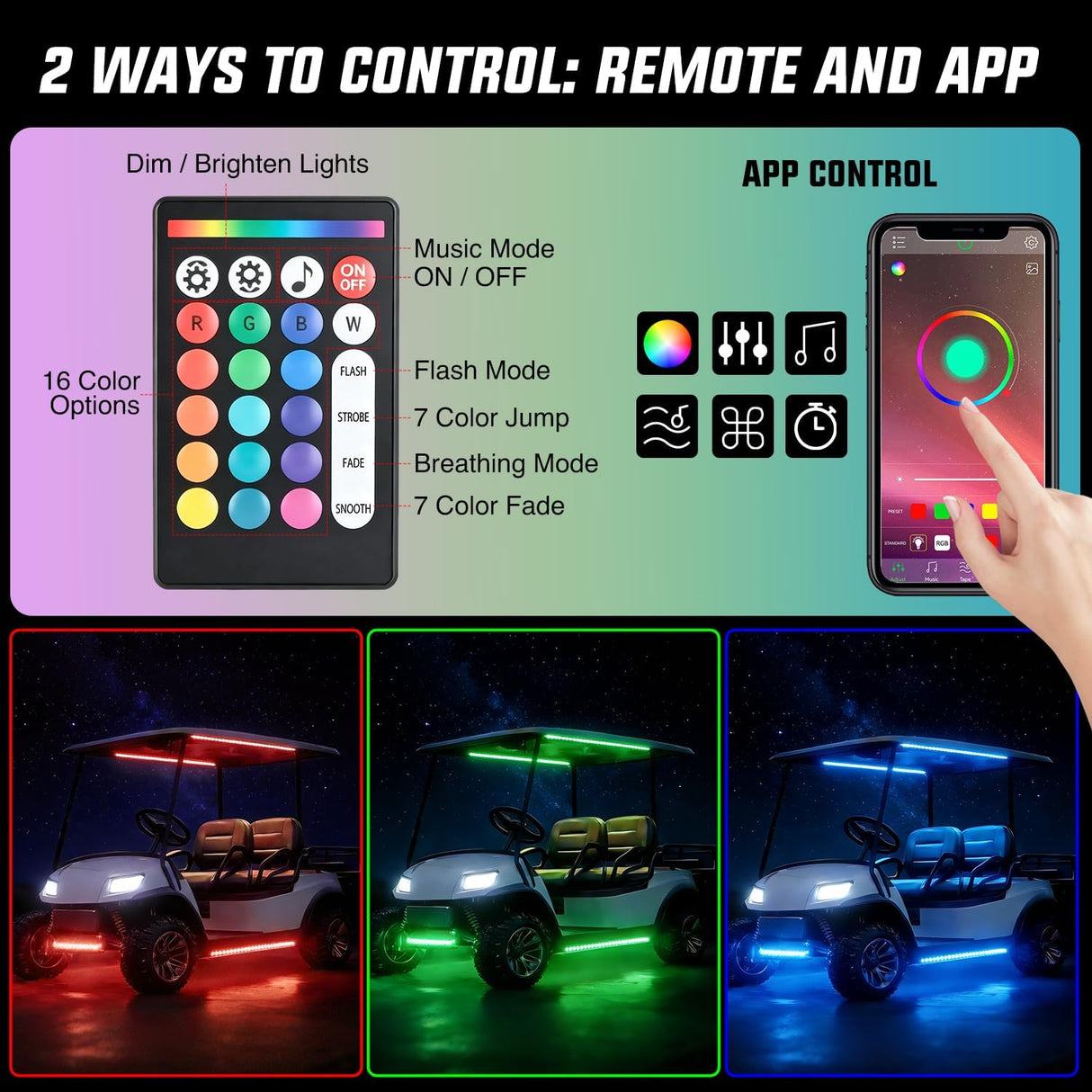 6PCS Golf Cart RGB LED Underglow Light Strips Kit APP & Remote | Multi-Mode Neon Accent Lighting Lamp Sound Active Music Sync IP67 Waterproof 12V-66V Input for EZGO Yamaha Club Car
