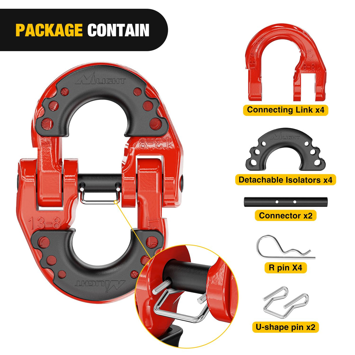 Safety Chain Connector Link, 1/2In Tow Hitch Hammerlock Coupling Link, 2 Pack Forged Steel Tow Chain Connector for Chain Link/Recovery Rope Link/Shackle, 12000 lbs Load Limit, Red