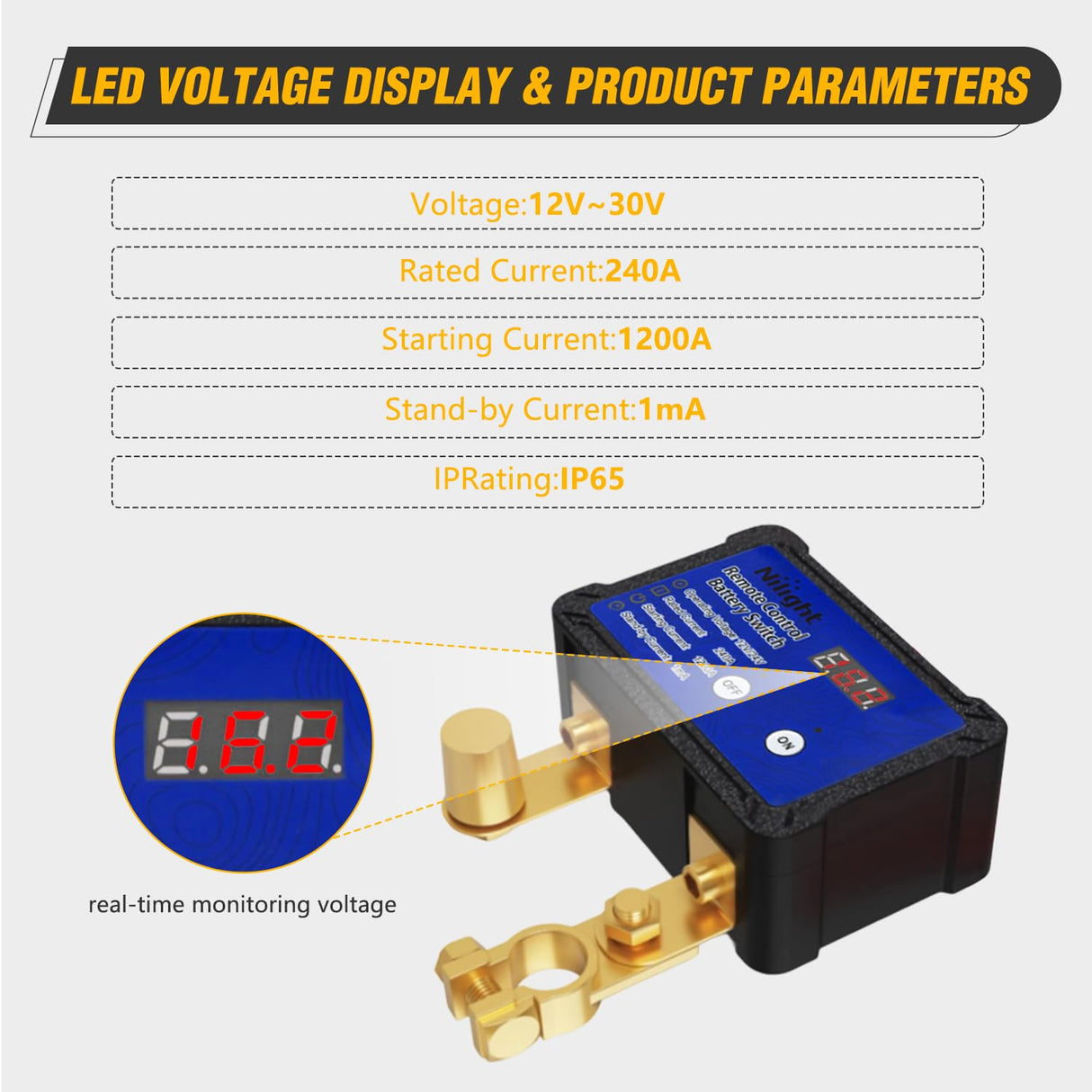 240A Remote Battery Disconnect Switch 12V 24V Car Smart Anti-Theft Kill Switches Upgrade Prevent Power Drain Wireless Remote Control Relay Fobs Voltmeter Display for Auto Cars Truck RV Boat