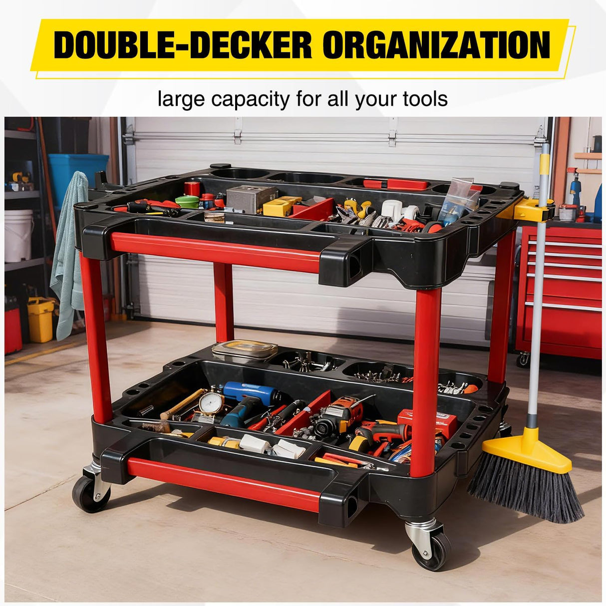 2-Tier Car Detailing Cart with Polisher Brackets - Rolling Utility Plastic Cart with Organizer & Hooks - Heavy Duty Mobile Tool Station