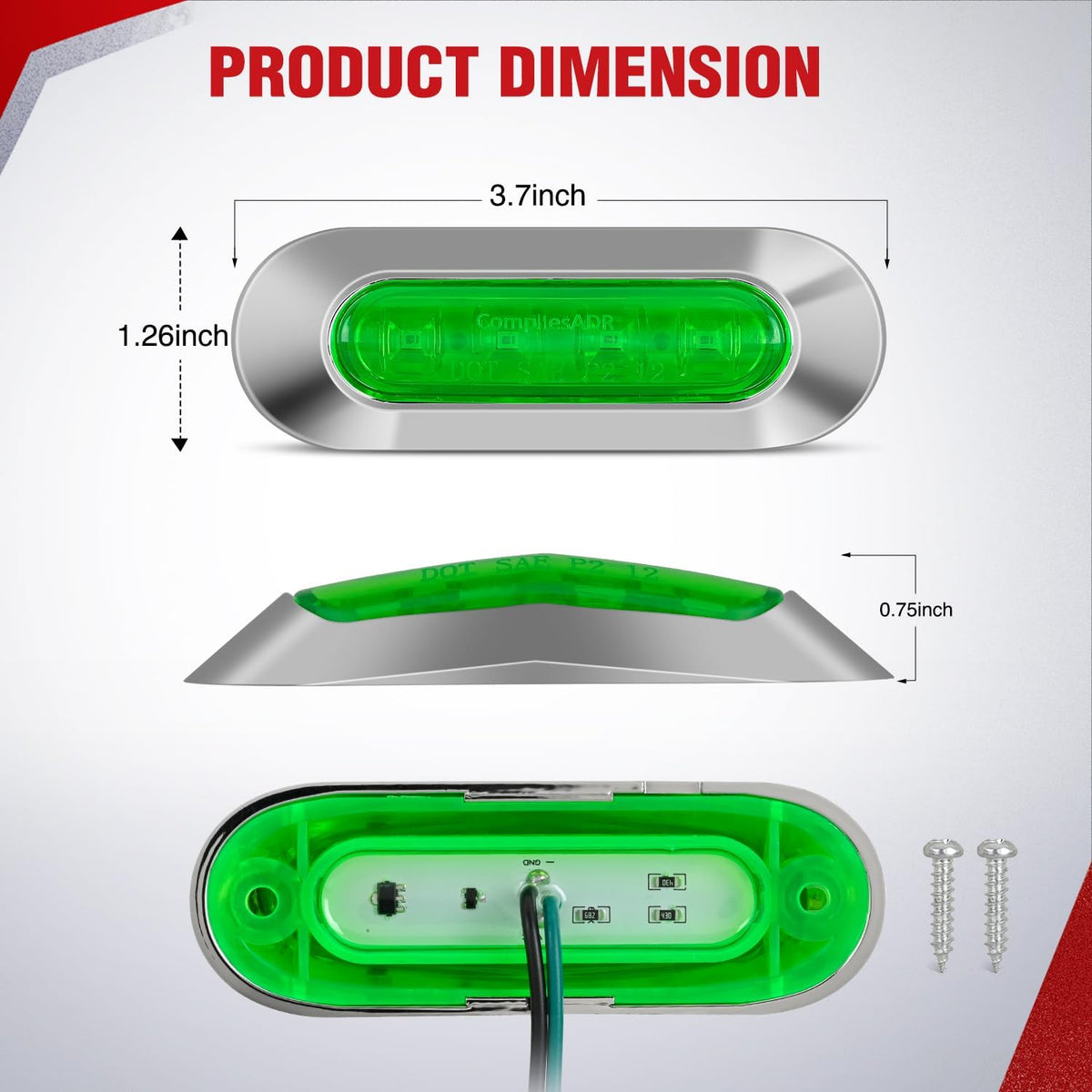 3.7 Inch Green Oval Side Marker Light, 4 LED IP68 Waterproof | Chrome Bezel DC 12-24V Surface Mount 10 Pack Marker & Clearance Light for Trucks Trailers Cars RVs Buses & Boats