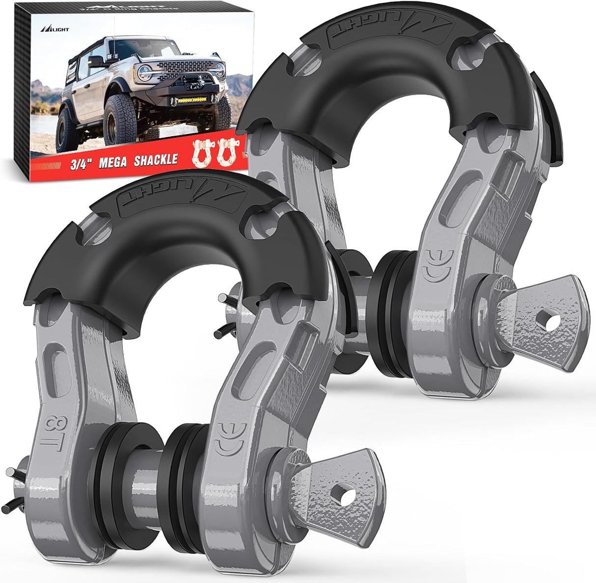 Mega D-Ring Shackles, 3/4 Inch Heavy Duty Recovery Tow Shackle | 7/8 Inch Screw Pin & isolator, 2Pcs Gray, 68,000 lbs Break Strength(17,000 lb WLL), Forged Steel, Off-Road Recovery