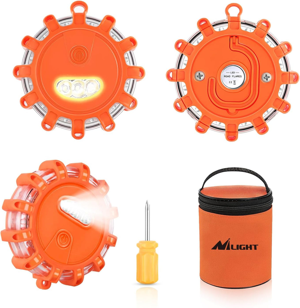 LED Road Flares Emergency Lights 3 Pack,9 Flash Models Roadside Emergency Lights for Vehicles with Magnetic Base & Hook,Premium Storage Bag(Batteries Not Included)