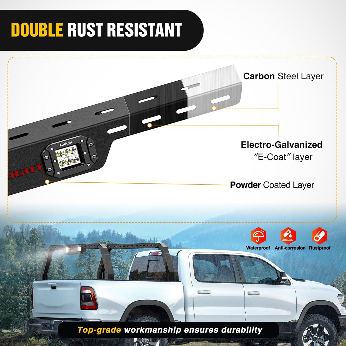 Adjustable 27-30 Inch High Truck Ladder Bed Rack Compatible with Tacoma/Tundra/Ram 1500/ Silverado/Sierra 1500/ F150/ Gladiator JT/Titan/Frontier/Colorado/Canyon/Ranger with 2 LED Lights