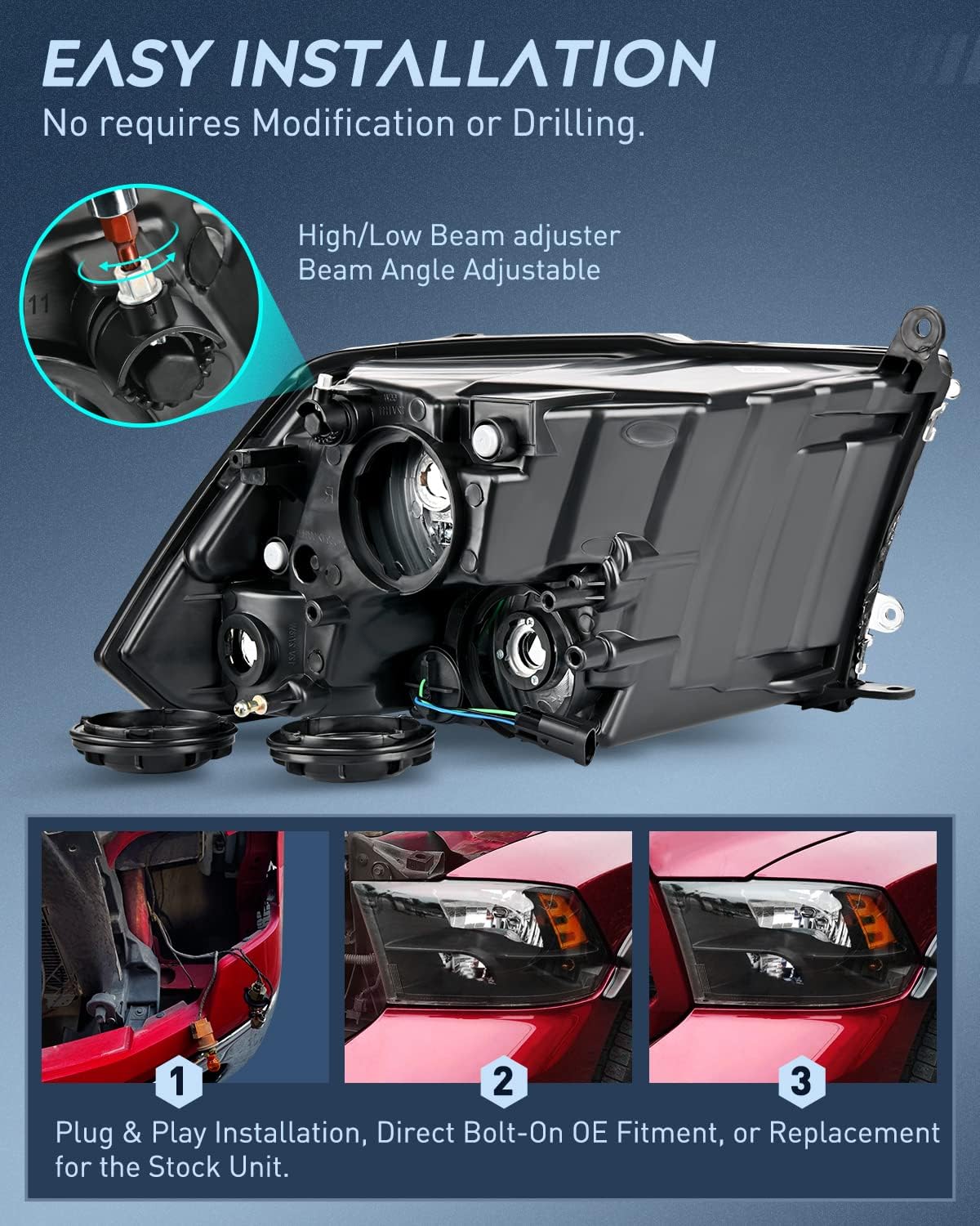 Headlight and Taillight Assembly Combo Compatible with 2009 2010 2011 2012 2013 2014 2015 2016 2017 2018 Dodge Ram for Quad Models Black Housing Amber Reflector with Dark Red Tail Light