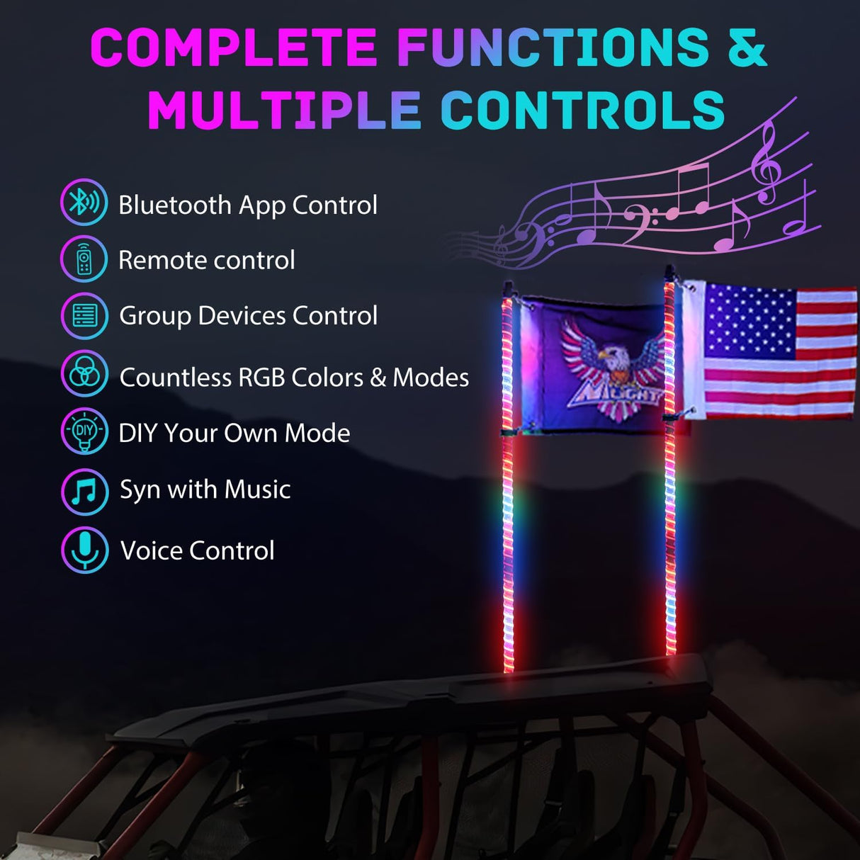 LED Whip Light 1 PC 3FT COB RGB Lighted Antenna Whips with Spring Base Remote & App Control DIY Chasing Patterns for Can-am Offroad ATV UTV RZR Polaris Dune Buggy 4-Wheeler Truck