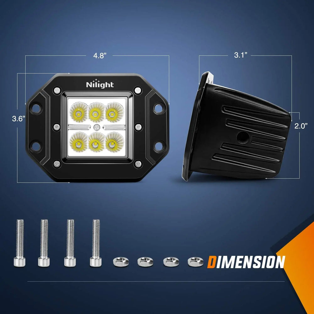 Light Bar Wiring Kit Nilight 2 Pcs 18W Flood Flush Mount LED Lights & 12V 5-Pin Rocker Switch Wiring Harness Kit for Offroad Reverse Light Backup Light, 2 Years Warranty