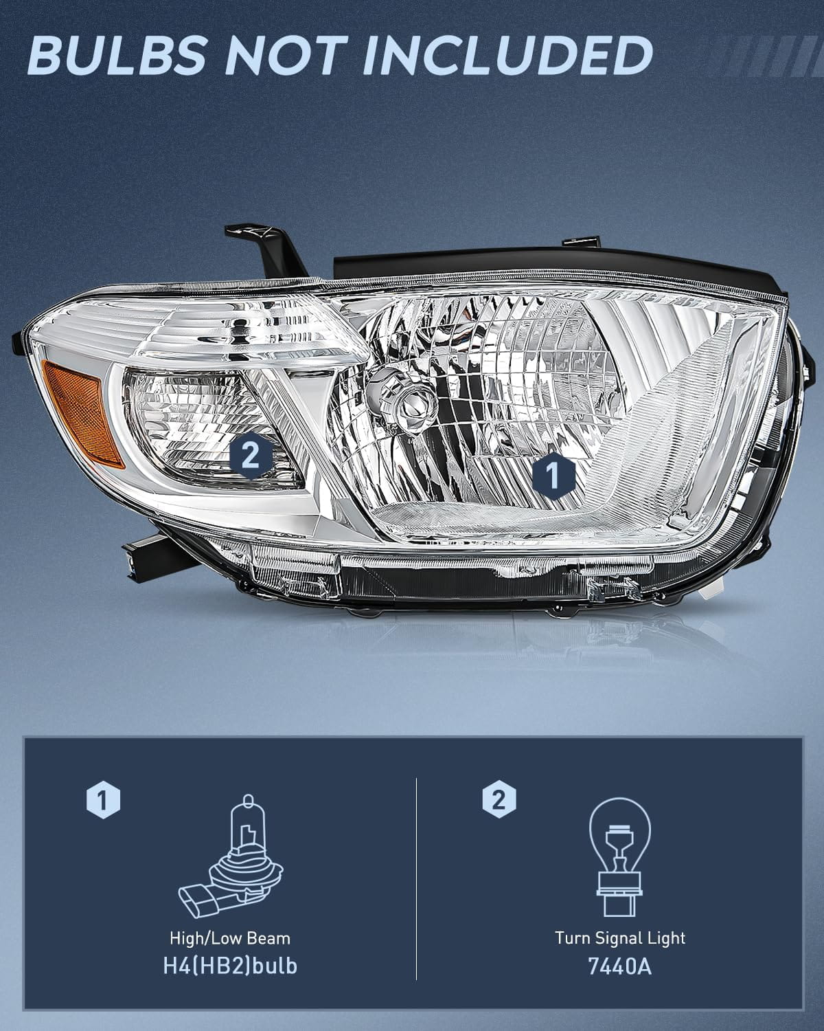 2008-2010 Toyota Highlander Headlight Assembly Chrome Housing Amber Reflector Nilight