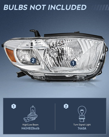 2008-2010 Toyota Highlander Headlight Assembly Chrome Housing Amber Reflector Nilight