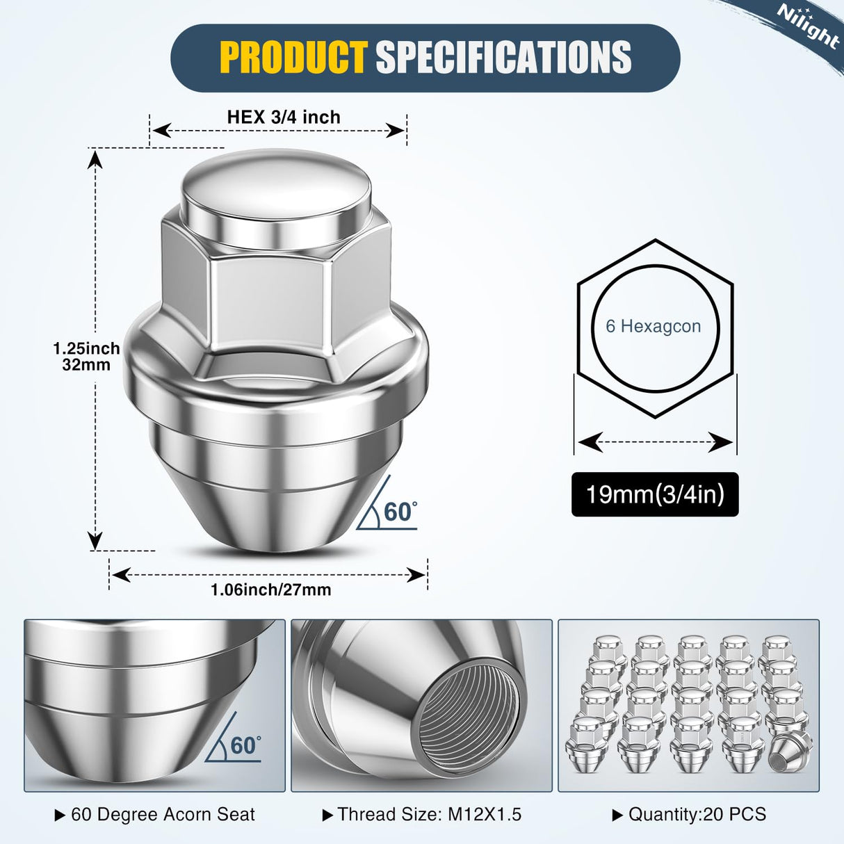 20PCS M12x1.5 Lug Nuts Compatible with 2013-2025 Ford Escape | for 2012-2021 Fusion 2021-2025 Bronco Sport 2014-2019 Lincoln MKC One-Piece Solid Chrome Steel OEM Factory Wheel Nuts Replace