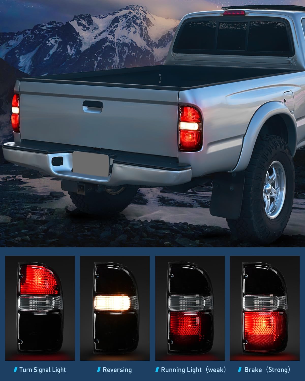 Headlight and Taillight Assembly Combo Compatible with 2001 2002 2003 2004 Toyota Tacoma OE Style Chrome Housing Smoke Lens Amber Reflector with Dark Red Housing Tail Lights
