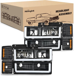 1994-1998 Chevy Silverado 1500 2500 3500 Headlight Assembly Black Case Amber Reflector