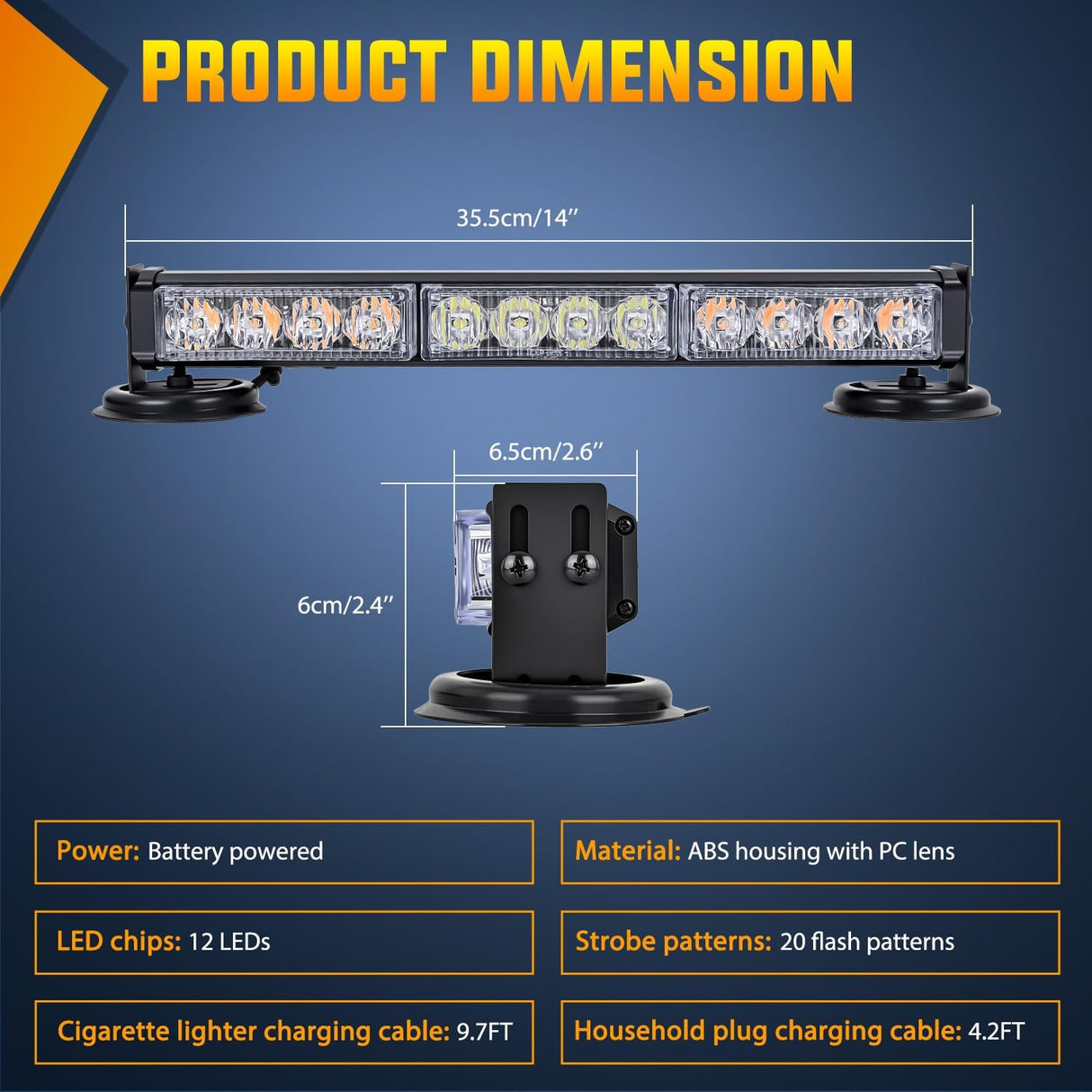 12LED Wireless Emergency Strobe Light Amber White 14 Inch Magnetic Mount Mini Light Bar 12V Rooftop Powered Hazard Warning Flashing Lights for Car Truck Trailer Snow Plow Construction Vehicles