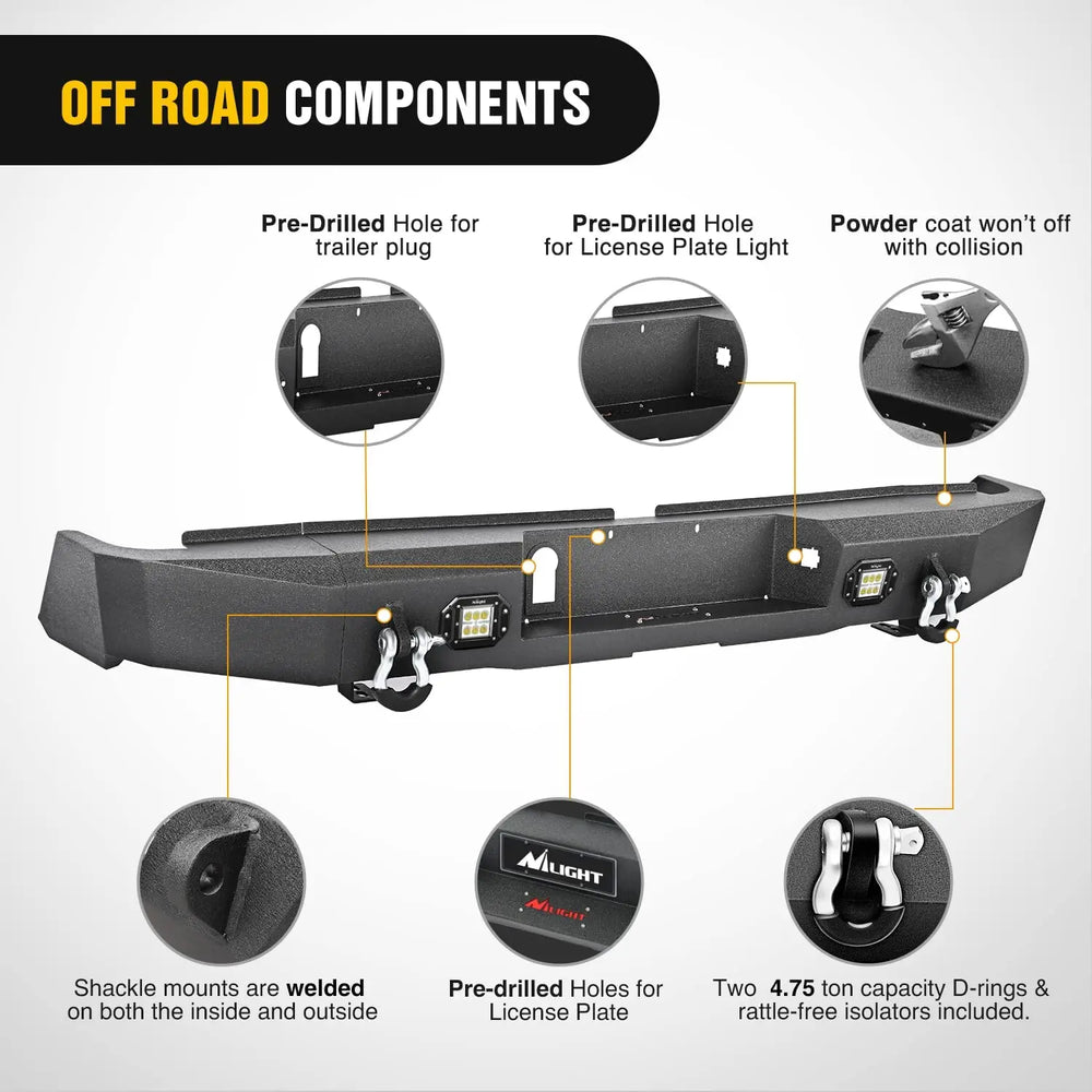 Front Bumper Nilight Rear Step Bumper for 2014 2015 2016 2017 2018 2019 2020 2021 Toyota Tundra Full Width Pickup Truck Rear Step Textured Black Steel with 2X Upgraded 18W LED Lights D-Rings, 2 Years Warranty