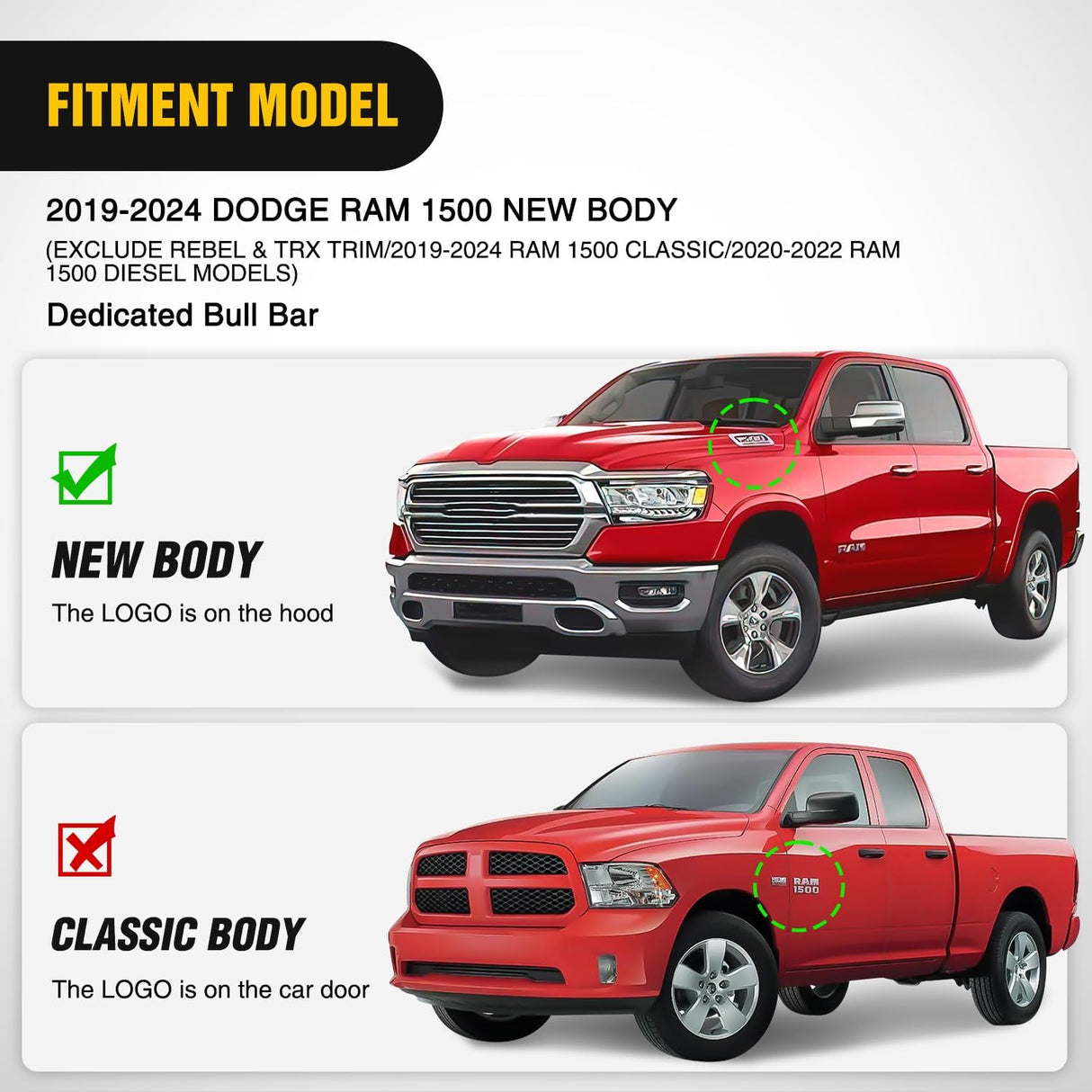 Bull Bar with Light fits Dodge Ram 1500 New Body 2019-2024 (Not fit Rebel,TRX,Classic & 20-22Diesel) Front Bumper Grille Brush Push Guard with Skid Plate Licence Hole Black
