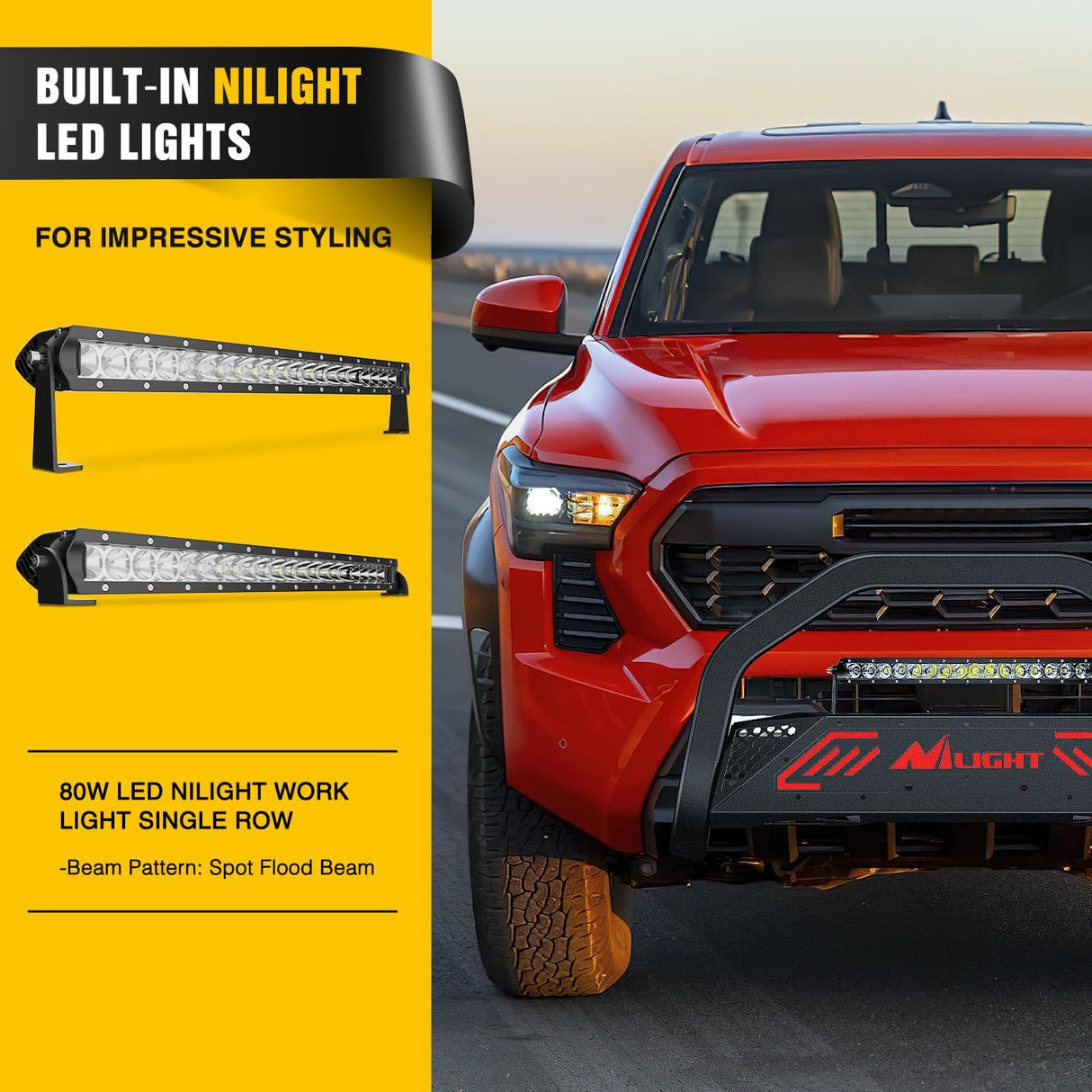 Bull Bar with Light Bar&License Plate Hole Compatible with Toyota Tacoma 2024 2025 2026 Truck Brush Guard, Front Bumper Push Bar w/Grille Skid Plate Light Mount