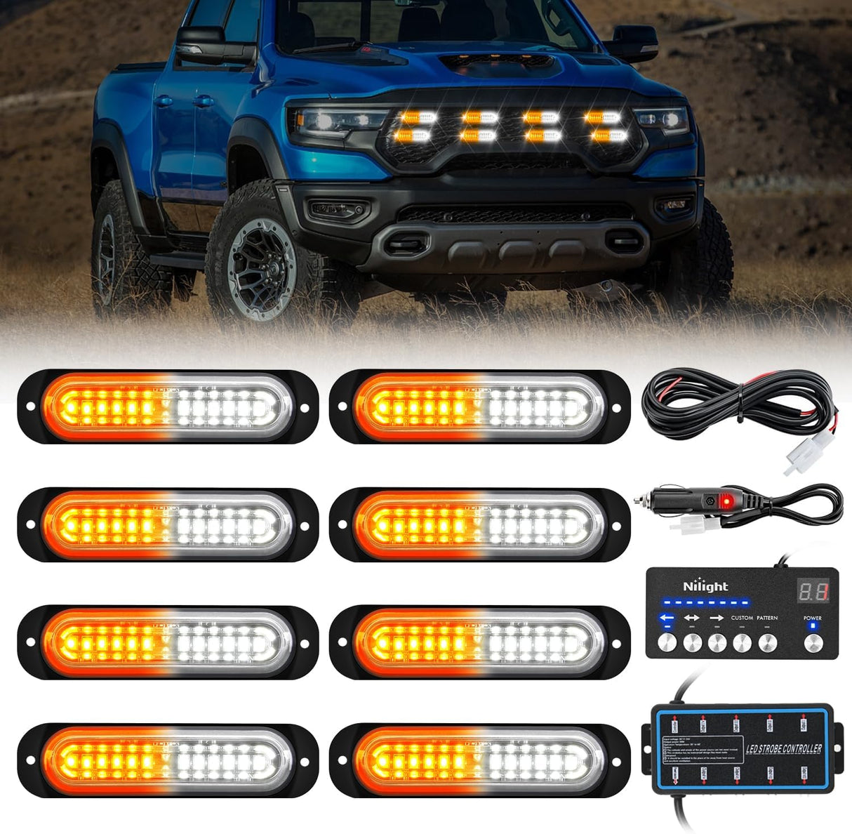 8PCS Led Strobe Lights with Controller 12V 24V Sync Feature Amber White Strobe Light 12 LED Surface Mount Emergency Hazard Warning Lights with Strobe Controller for Vehicle Car Truck RV ATV