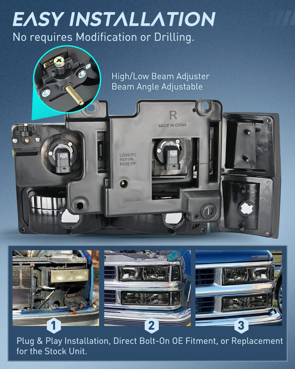 1994-1998 GMC C10 Sierra Yukon Suburban Headlight Assembly Chrome Case Smoke Reflector Nilight