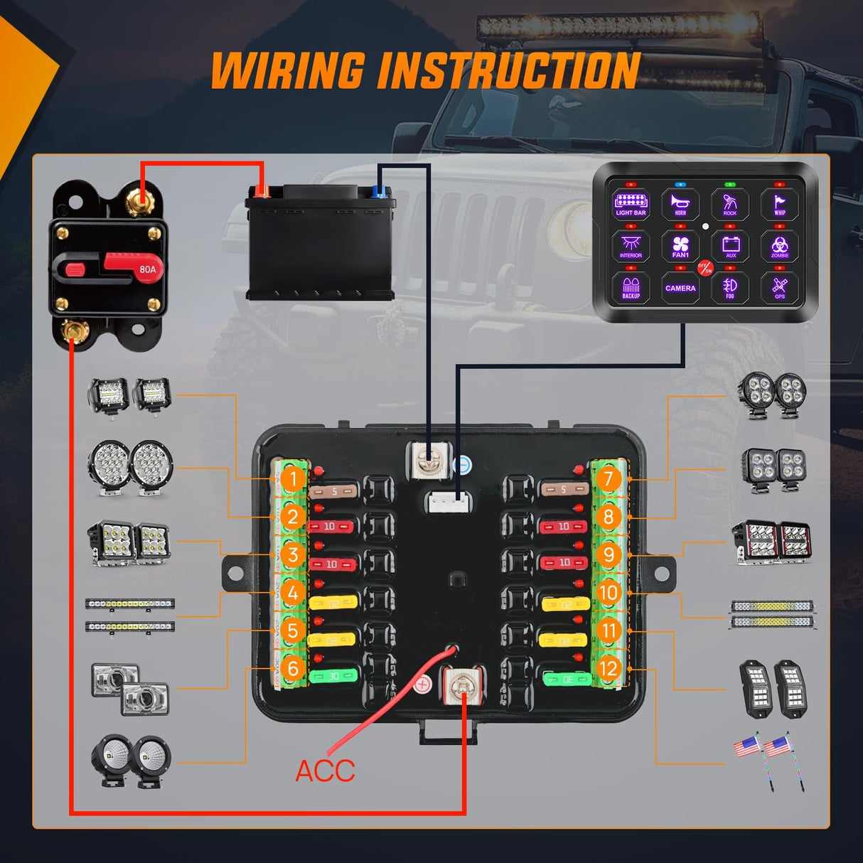 12 Gang Switch Panel 12V 24V Universal Circuit Control Relay System with RGB Backlight Fuse Relay Wiring Harness Automatic Dimmable ON Off LED Switch Pod for Car Pickup Truck Camper SUV