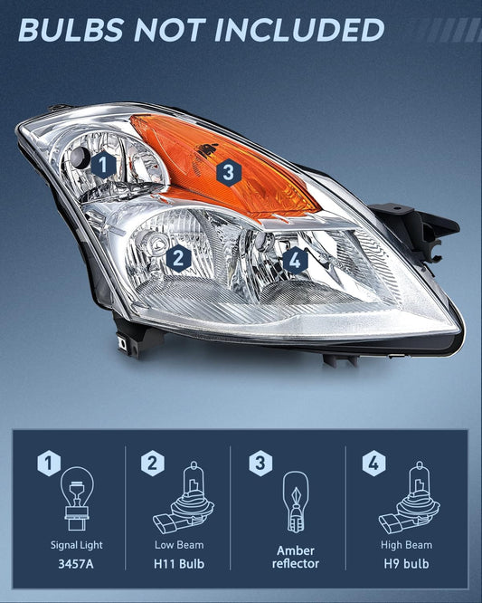 2007-2009 Altima Sedan 4Door Headlight Assembly Chrome Housing Amber Reflector Clear Lens Nilight