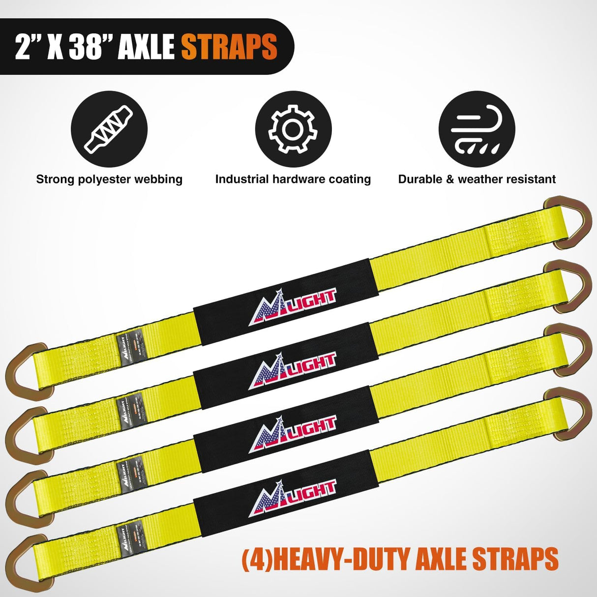 2 Inch x 38 Inch Axle Tie Down Straps with D-Rings & Protective Sleeves | 11,127 LBS Break Strength for Car Haulers Engine Hoists Trucks Trailers and UTVs 4 Pack Yellow