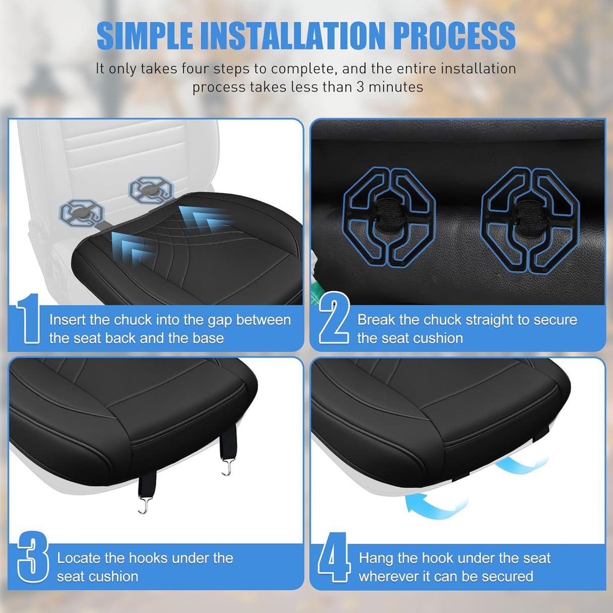 Car Seat Cushion Cover Black Geometric Embroidered Leather Front Seats Waterproof Anti-Slip Comes with Storage Bag Wraps Bottom Fits Cars Sedan Van SUV Truck