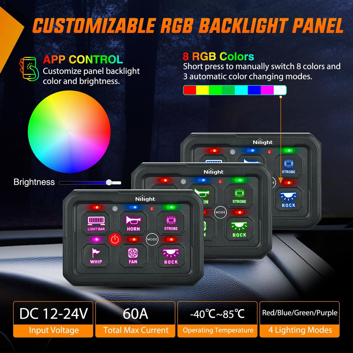 6 Gang Switch Panel Circuit Control Relay System APP RGB Backlight Fuse Wiring Harness Toggle Momentary Strobe Flash Modes Automatic Dimmable 12V 24V ON Off Pod for Car Truck Camper SUV