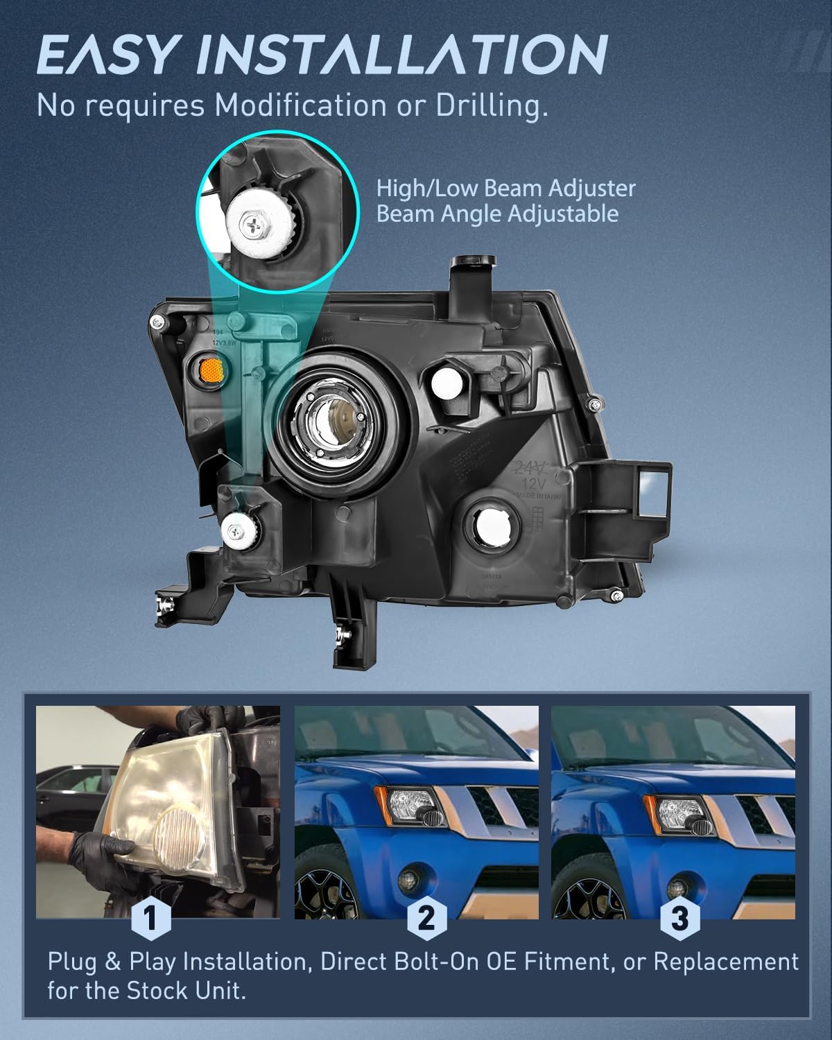 Headlight Assembly Compatible with 2005-2015 Nissan Xterra | 2005-2015 Nissan Xterra OE Style Replacement Black Housing Amber Reflector Headlamp