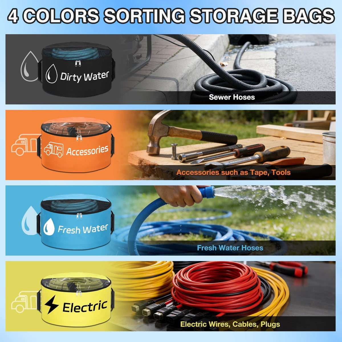 4 Pack RV Hose Storage Bag, Waterproof Utility Bag with Visible Cover & Dual Zipper Closure RV Storage and Organization for Sewer, Fresh Water Hoses Electrical Cords Camper Tools Accessories