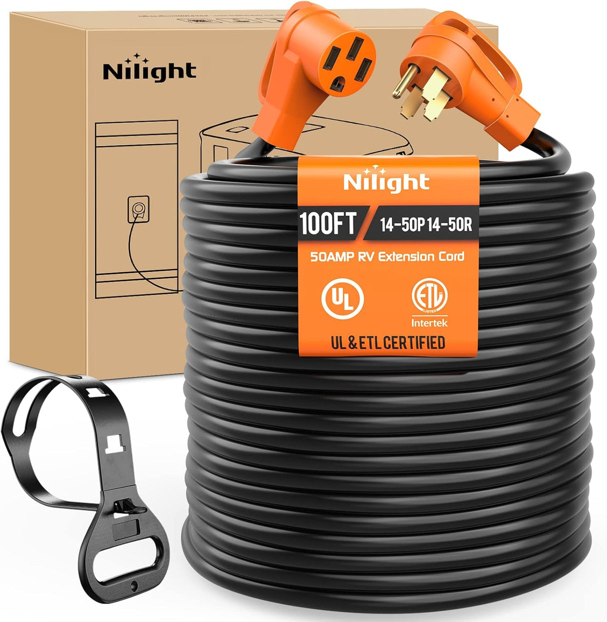 RV Parts 50 Amp 100FT RV EV Extension Cord 250V Heavy Duty 6/3+8/1 Gauge Pure Copper STW Wire UL ETL Listed 4 Prong Nema14-50P 14-50R 50F/50M Cable Suit for RVs EVs Trailer Campers