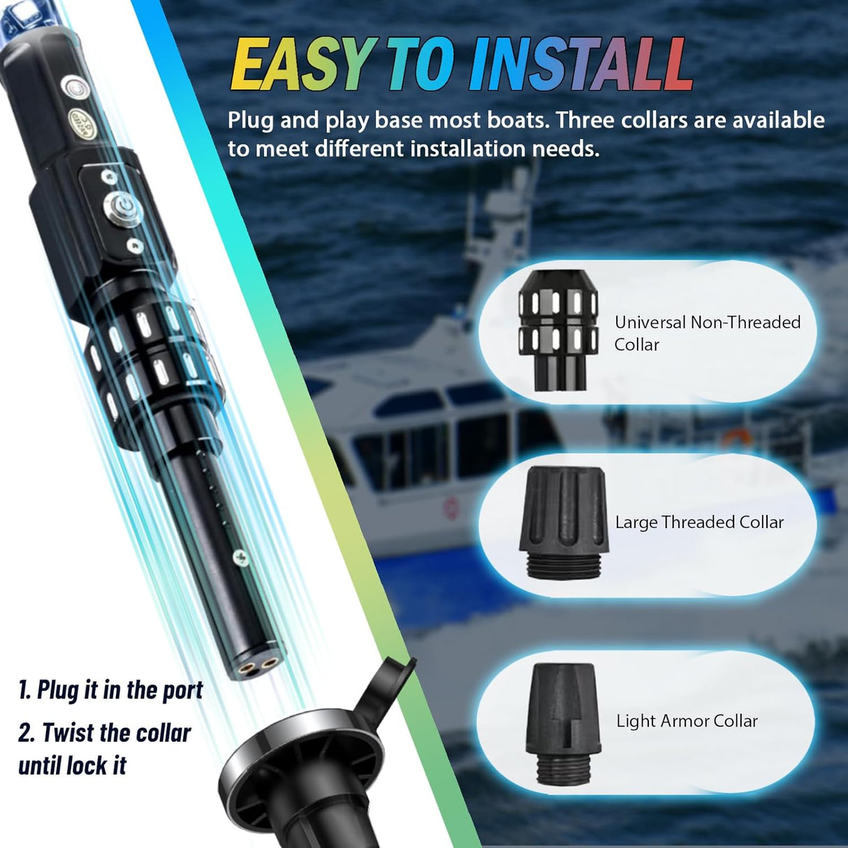 Boat Navigation Whip Light 3FT 360° Visibility 2NM Coast Guard Compliant 400+ Patterns with Remote Plug-in Base LED Spiral Boats Stern Lights for Night Fishing, Yacht, Pontoon Accessories