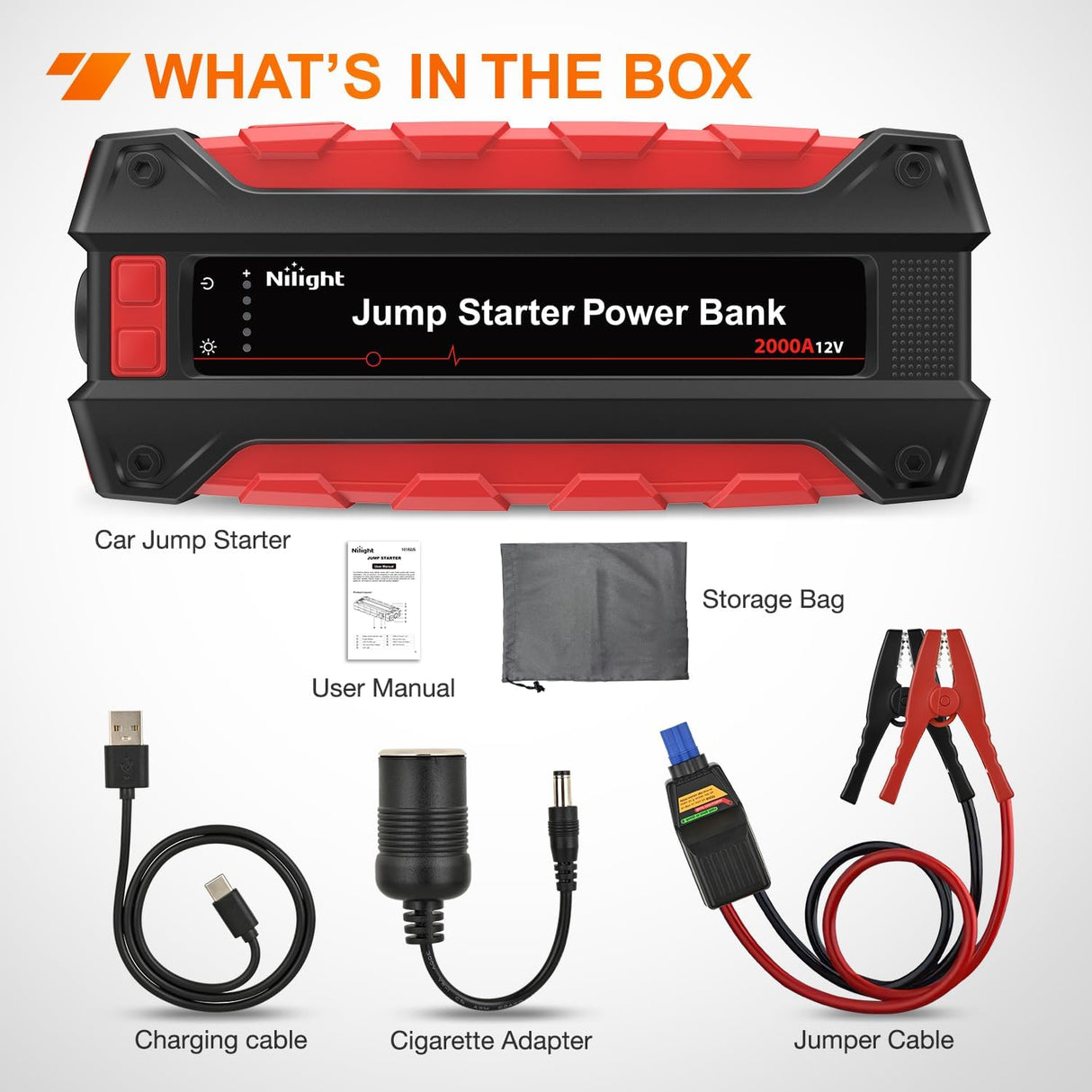 2000A Car Battery Jump Starter for Up to 8.0L Gas & 7.0L Diesel Engines 12V Portable Jump Start Booster Pack Jump Box with Jumper Cables DC Output and LED Light