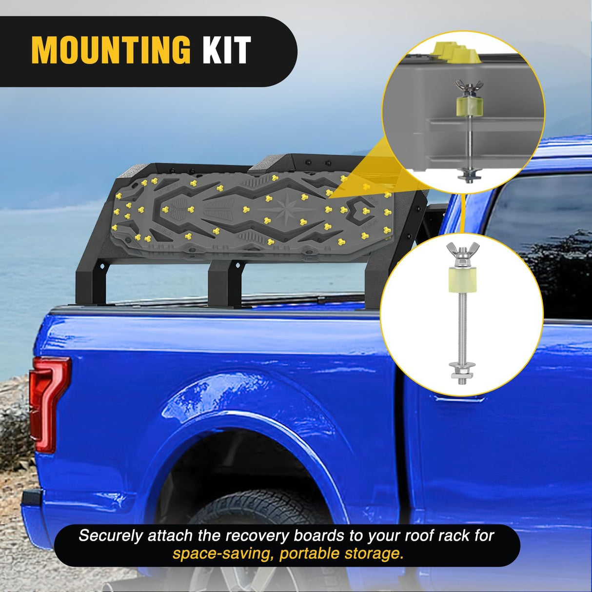 Recovery Off-Road Traction Boards 2Pcs 43 InchL x 13.3 InchW with Yellow Teeth for 4WD 4X4 Mud Sand Snow Includes 2PCS Mounting Kit & Carry Bag (Grey)